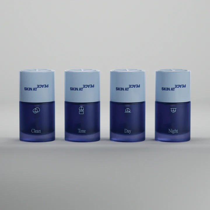 Skin at Peace full hyper-clean, non-toxic, preservative-free, non-comedogenic, cruelty-free, retinol-alternative, plant-based, safe, lightweight skincare system – Clean, Tone, Day, and Night.