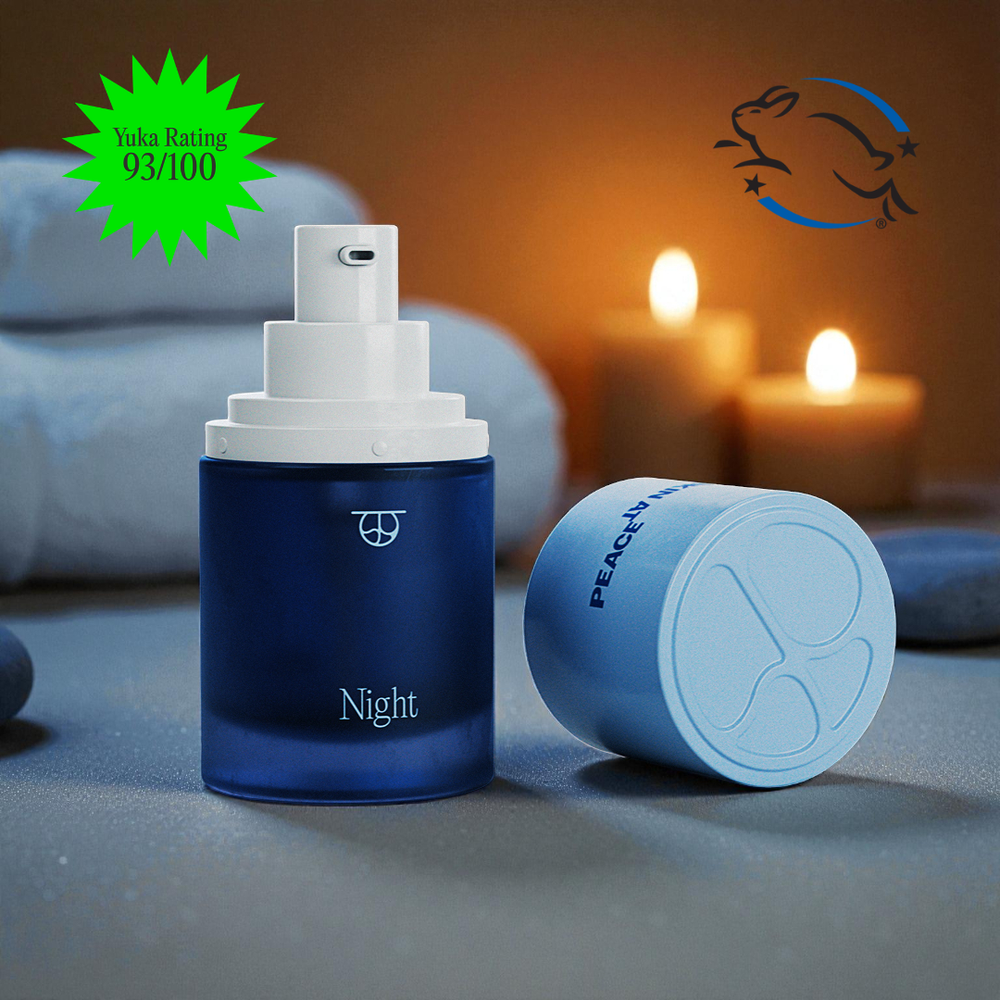 Skin at Peace NIGHT Serum – retinol-alternative, plant-based bakuchiol, rosehip seed oil, ceramides, niacinamide, ferulic acid, hyaluronic acid, and squalane.