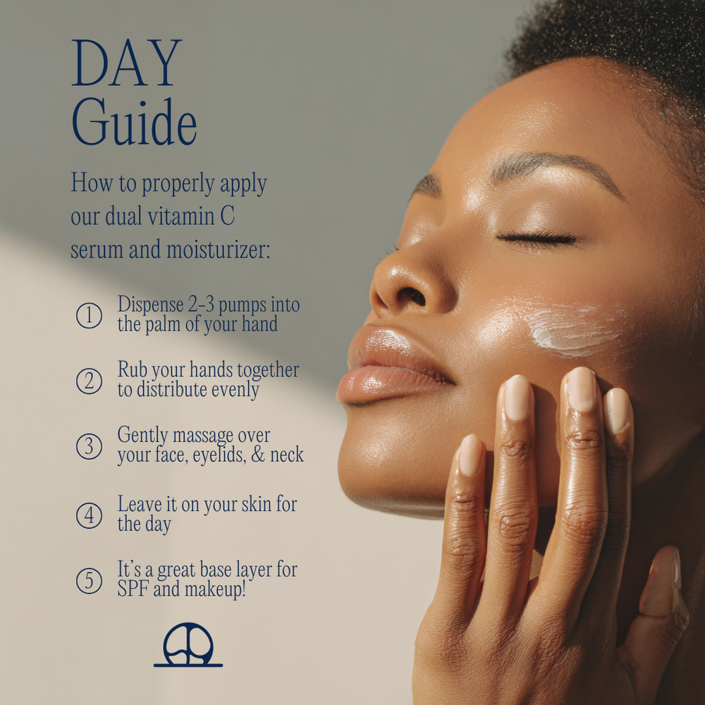 Skin at Peace DAY vitamin C serum and moisturizer, gentle and safe for all skin types, instructions and application guide.