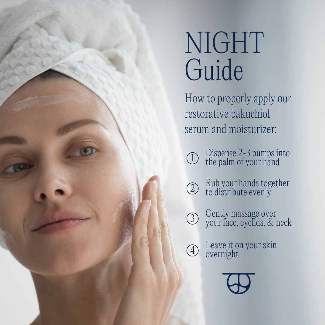 Skin at Peace NIGHT retinol-alternative, plant-based serum and moisturizer, gentle and safe for all skin types, instructions and application guide.