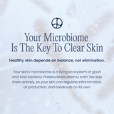 Educational graphic: 'Your microbiome is the key to clear skin.' Healthy skin depends on balance, not elimination.