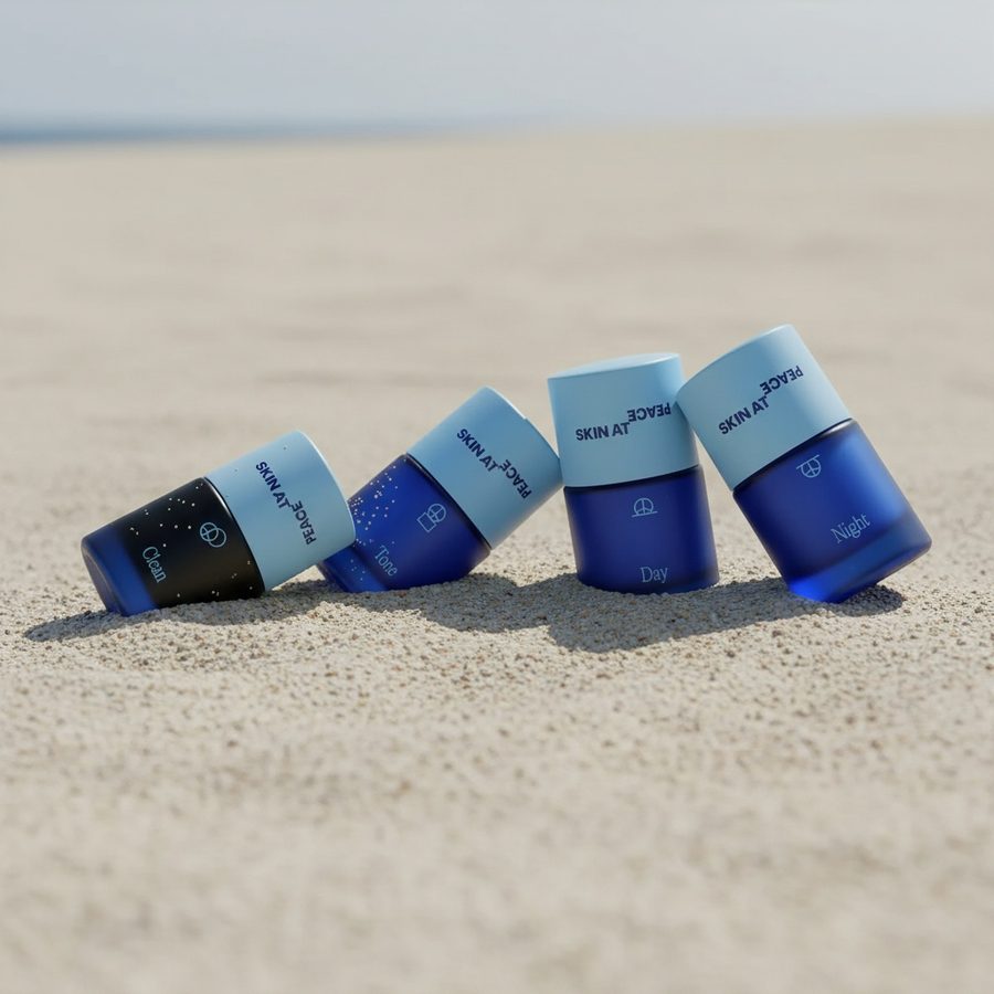 Skin At Peace, the four bottles on sand