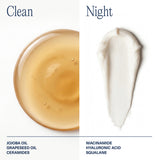 Split texture shot: the amber Clean cleansing oil and the white Night cream, with key ingredients listed.